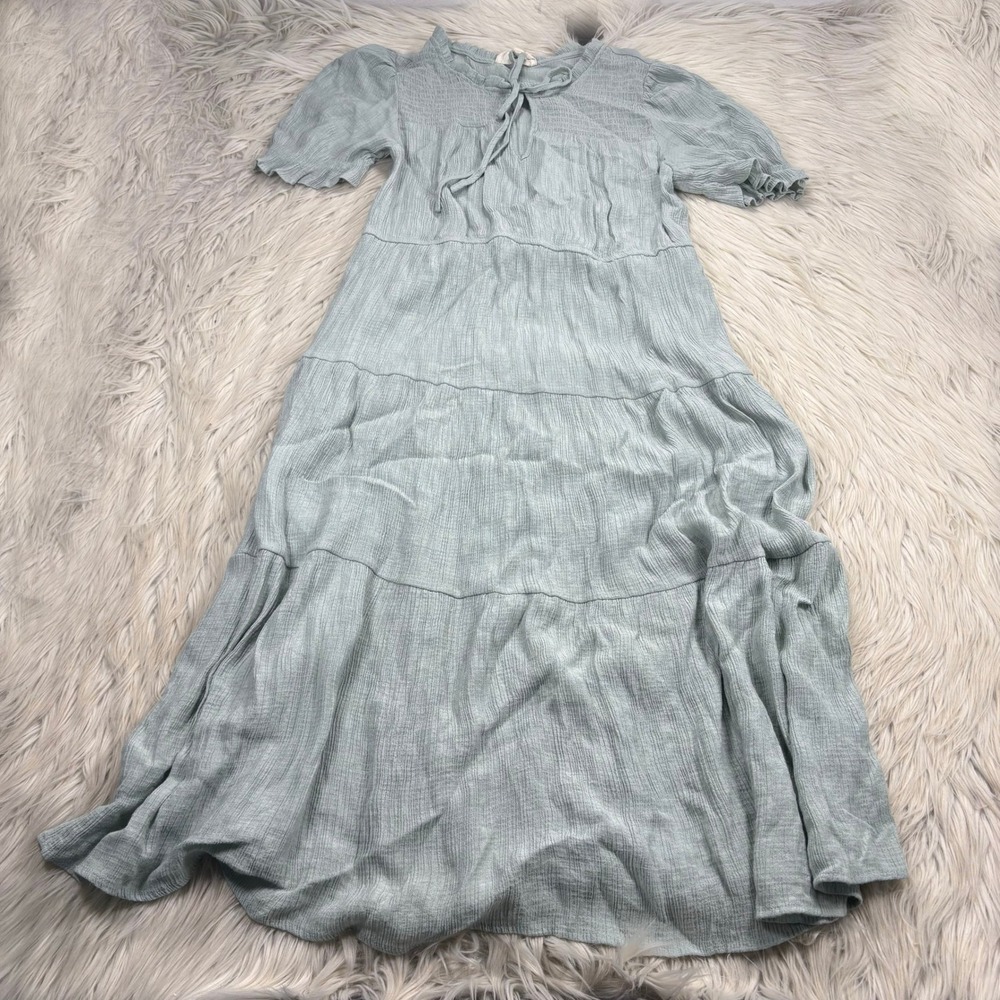 Sweet Wanderer Women's XL Blue Green Tiered SS Maxi Dress Cottagecore Modest